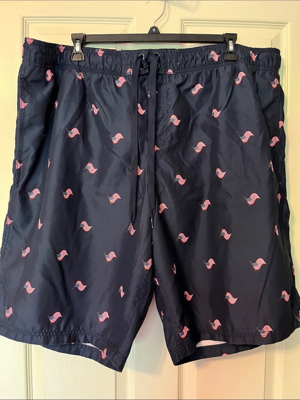 Navy Men’s Swim Trunks with American Flag Print